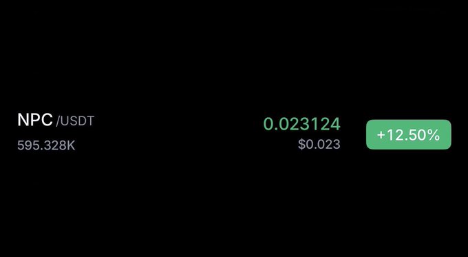 A cryptocurrency price display showing NPC/USDT trading at 0.023124 ($0.023) with a +12.50% gain indicated in green.