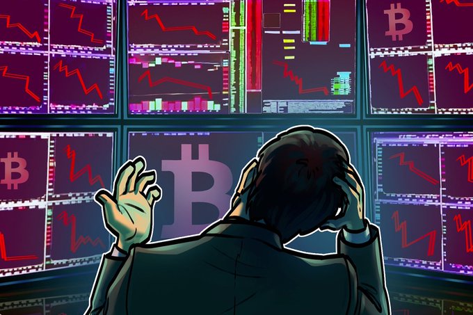 An illustrated person holds their head in distress while looking at multiple screens displaying Bitcoin (₿) symbols and red downward-trending charts, conveying a sense of financial panic.