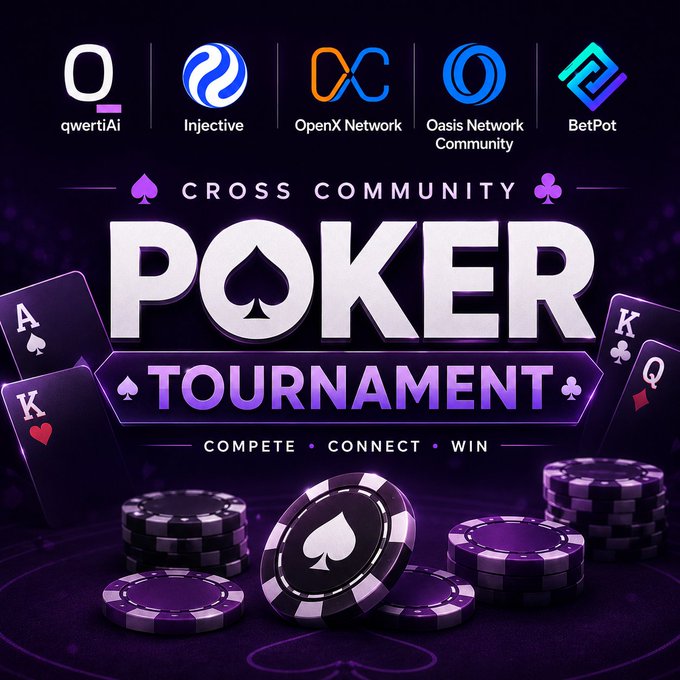 A promotional graphic for a "Cross Community Poker Tournament" featuring sponsors qwertiAI, Injective, OpenX Network, Oasis Network Community, and BetPot, with playing cards and poker chips on a purple background and the tagline "Compete • Connect • Win".