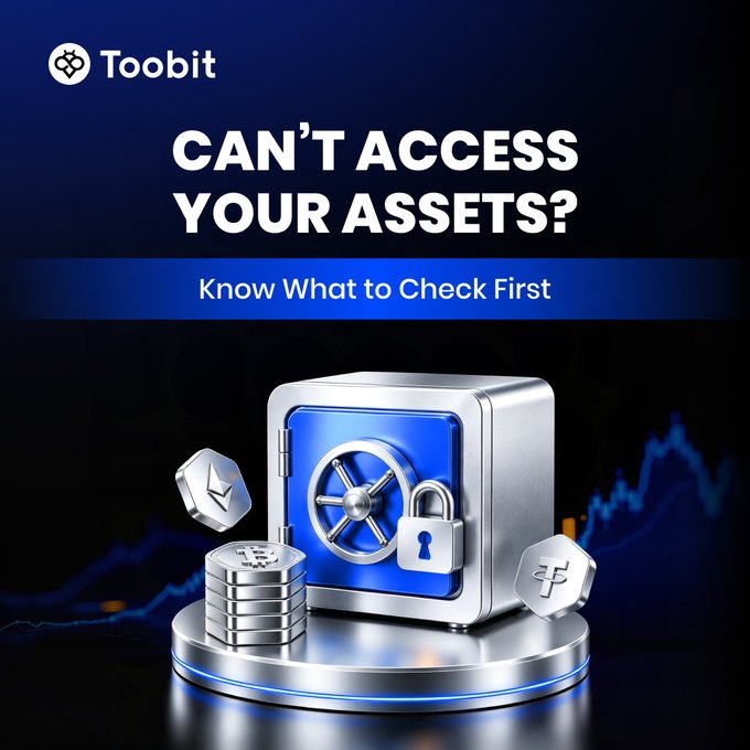 A promotional graphic from Toobit featuring the text 'CAN'T ACCESS YOUR ASSETS?' and 'Know What to Check First,' displaying a safe with cryptocurrency coins including Bitcoin and Tether against a blue background.