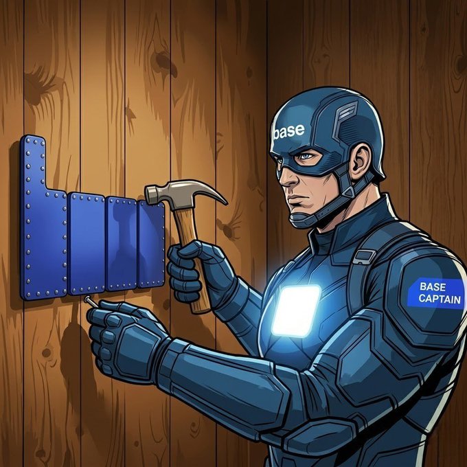 Digital illustration of a character labeled 'BASE CAPTAIN' in tactical gear with 'base' on the helmet, holding a hammer while working on a blue metal bracket on a wooden wall.
