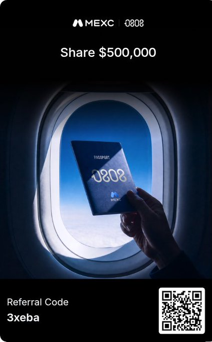 A vertical advertisement for MEXC featuring an airplane window view of the sky, a hand holding a dark passport with '0808' on it, and a referral code '3xeba' with a QR code.