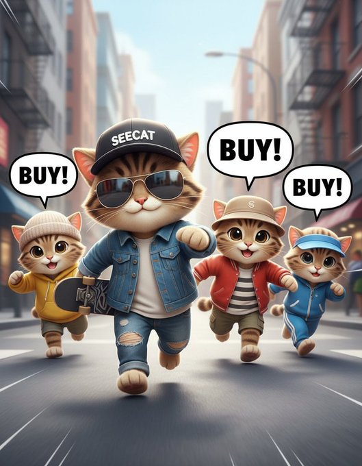 An illustration shows four anthropomorphic cats in streetwear running down a city street, each with a speech bubble saying 'BUY!', with the lead cat wearing a 'SEECAT' cap.