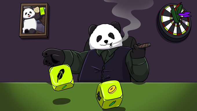 An illustrated cartoon of a panda wearing a dark jacket smoking a cigar and rolling dice on a green table, with a framed panda picture and dartboard on a purple wall.