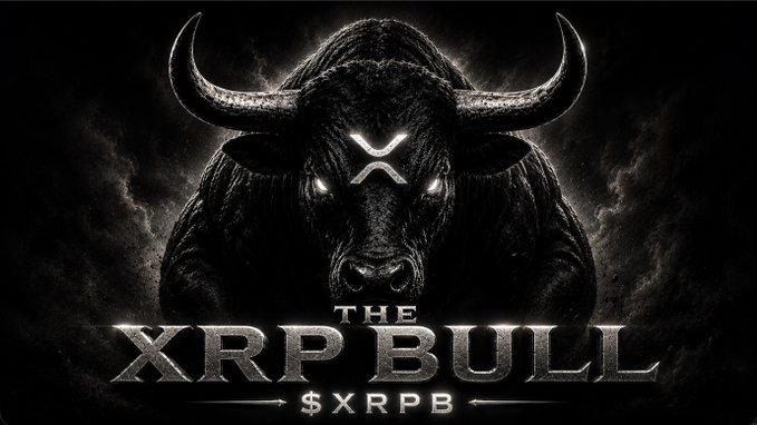 A dark, dramatic image of a black bull with glowing eyes and an XRP logo on its forehead, captioned "THE XRP BULL" with the ticker "$XRPB" below, promoting the new XRPB token for XRP holders on pump.fun.