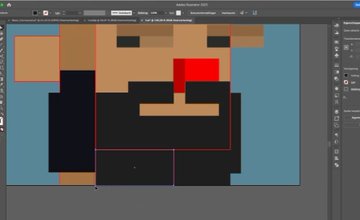 A pixel art character being edited in Adobe Photoshop, showing a figure with brown hair and a red mark on its face.