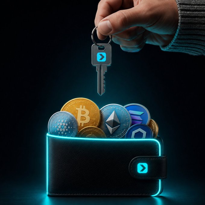 A hand holds a key above a wallet glowing with neon blue light, filled with cryptocurrency coins including Bitcoin (₿), Ethereum, Solana, and Cardano—visually reinforcing the concept of "autocustodia" (self-custody) by symbolizing that holding your own private keys is the simplest way to control your crypto assets.