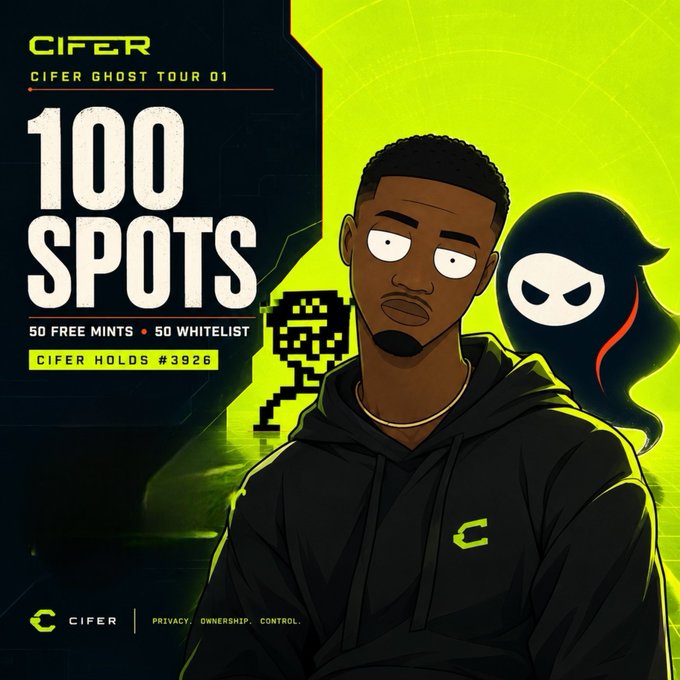 Promotional graphic for 'CIFER GHOST TOUR 01' featuring '100 SPOTS' with '50 FREE MINTS • 50 WHITELIST' and 'CIFER HOLDS #3926', showing an animated character in a black hoodie with a ghost figure.