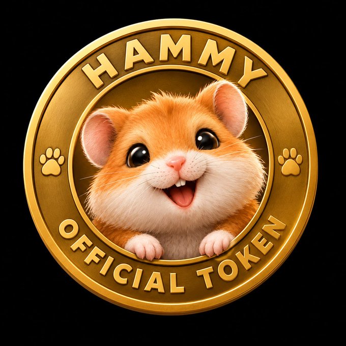 A digital illustration of a smiling hamster inside a gold coin labeled 'HAMMY OFFICIAL TOKEN'.