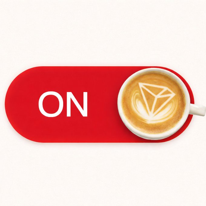 A red toggle switch graphic displays the word 'ON' next to a cappuccino with latte art in the shape of the TRON diamond logo.