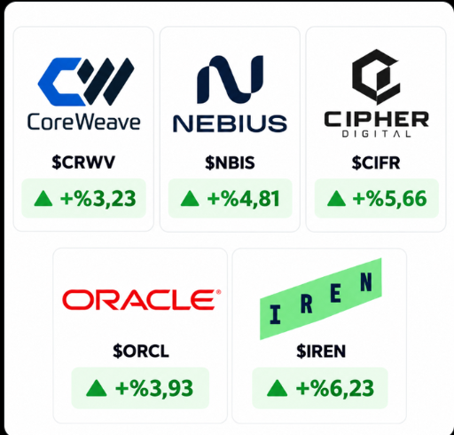 A grid displaying five stock tickers with positive daily gains: CoreWeave ($CRWV +3.23%), Nebius ($NBIS +4.81%), Cipher Digital ($CIFR +5.66%), Oracle ($ORCL +3.93%), and IREN ($IREN +6.23%).