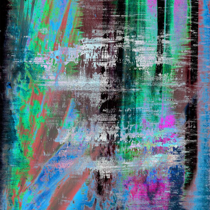 An abstract textured painting with layered brushstrokes in green, blue, red, white, and black, creating a chaotic, colorful composition.