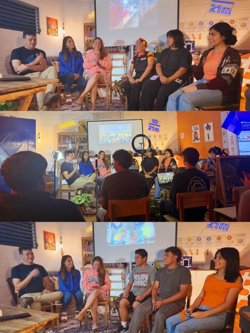 A collage of three photos shows a group of people sitting in a casual indoor setting with a projector screen, appearing to be at a meetup or event.
