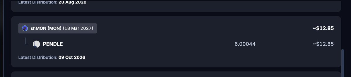 A dark-themed digital interface showing a crypto token called "shMON" with a distribution date of 18 Mar 2027, holding 6.00044 PENDLE tokens valued at approximately $12.85.