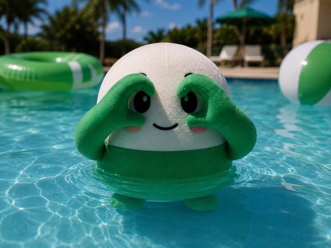 A cute plush toy character, white and green with a smiling face, standing in a swimming pool with hands raised near its face, with palm trees and lounge chairs visible in the background.