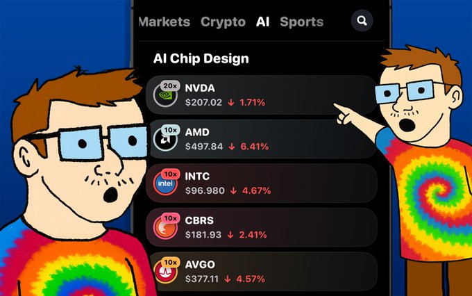 Two cartoon characters wearing tie-dye shirts and glasses react with shock to the "AI Chip Design" market list on the Rainbow app, which shows declining prices for NVDA ($207.02, ↓1.71%), AMD ($497.84, ↓6.41%), INTC ($96.980, ↓4.67%), CBRS ($181.93, ↓2.41%), and AVGO ($377.11, ↓4.57%) — highlighting the new AI markets tab mentioned in the post.