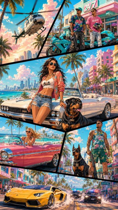 A vibrant comic book-style collage featuring Miami Vice-inspired scenes with a helicopter, luxury cars including a yellow Lamborghini, a convertible, and a woman posing with a Rottweiler on Ocean Drive.