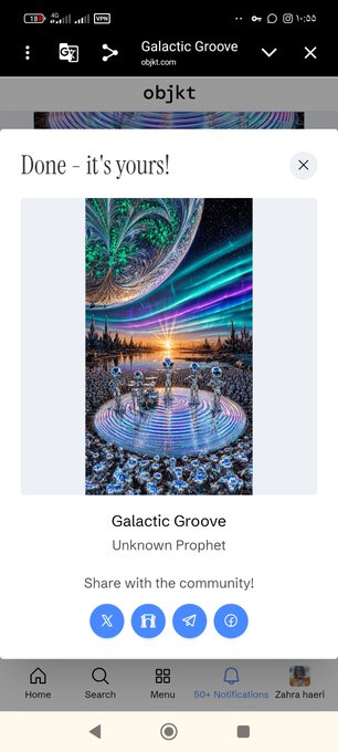 A mobile screenshot from the objkt.com platform showing a completed NFT purchase of 'Galactic Groove' by Unknown Prophet, featuring share buttons for social media.