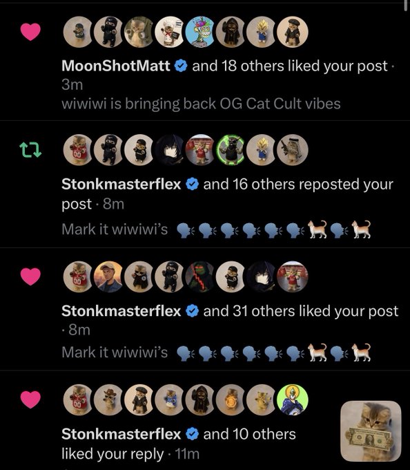 The image shows Instagram notifications of likes and reposts from users including "MoonShotMatt" (and 18 others) and "Stonkmasterflex" (with 16, 31, and 10 others) reacting to a post, with comments reading "wiwiwi is bringing back OG Cat Cult vibes" and "Mark it wiwiwi's" followed by cat and back-of-head emojis. The notifications align with the accompanying post celebrating $wiwiwi's revival of "OG michi vibes," "Bagworkers," and "Cults," with the post being marked as cycle boss by these followers.