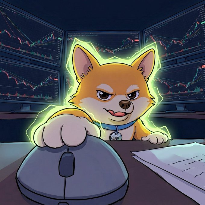 An anthropomorphic Shiba Inu wearing a "QUBIT" tag sits confidently at a multi-monitor trading desk, paw on a mouse, surrounded by glowing charts and candlestick displays that capture the bullish crypto sentiment described in the caption about bidding leaders and riding gains in a market where Bitcoin trades below 80k.