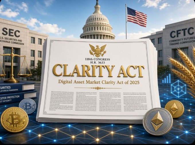 A graphic promoting the "CLARITY ACT" (Digital Asset Market Clarity Act of 2025 / H.R. 3633) with imagery of the US Capitol, SEC and CFTC buildings, and cryptocurrency coins.