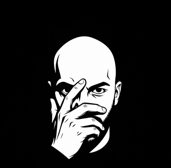 A black-and-white minimalist illustration of a bald man with his hand covering part of his face, only his eyes visible, against a solid black background.