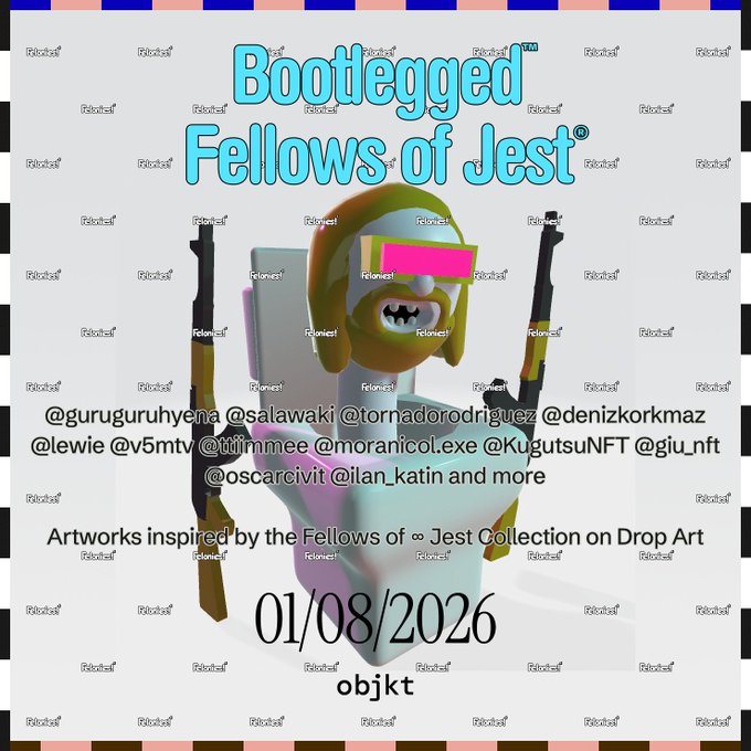 A promotional graphic titled 'Bootegged Fellows of Jest' dated 01/08/2026, featuring a 3D character with a pink visor and listing various social media handles including @guruguruhyena, @salawaki, and others.