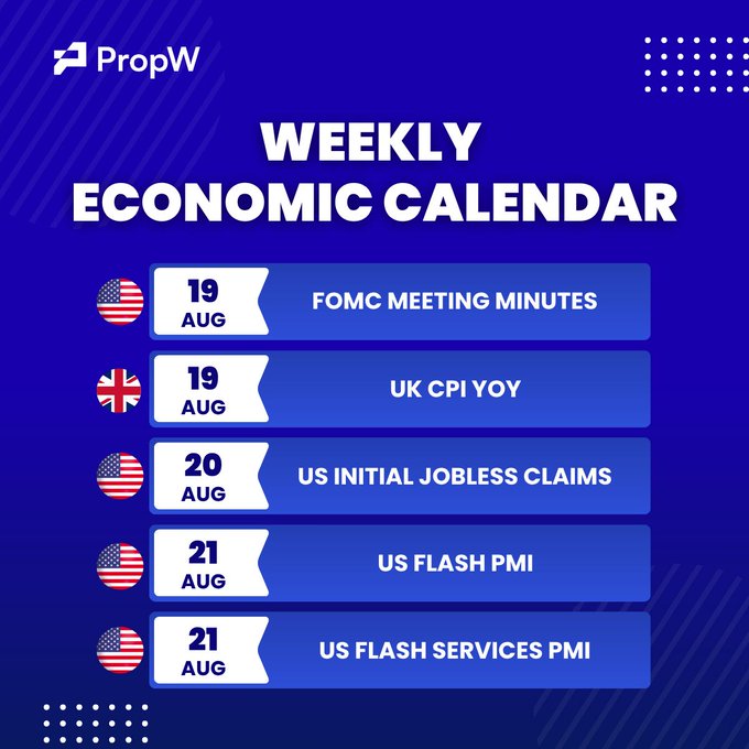 A 'PropW Weekly Economic Calendar' graphic listing events from August 19-21, including 'FOMC Meeting Minutes' on Aug 19, 'UK CPI YOY' on Aug 19, 'US Initial Jobless Claims' on Aug 20, and 'US Flash PMI' on Aug 21.
