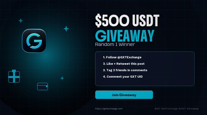 A dark blue promotional graphic for a "$500 USDT GIVEAWAY" by GXT Exchange, featuring the GXT logo on the left and listing four entry requirements (follow @GXTExchange, like and retweet the post, tag 3 friends, and comment your GXT UID) alongside a cyan "Join Giveaway" button at the bottom.