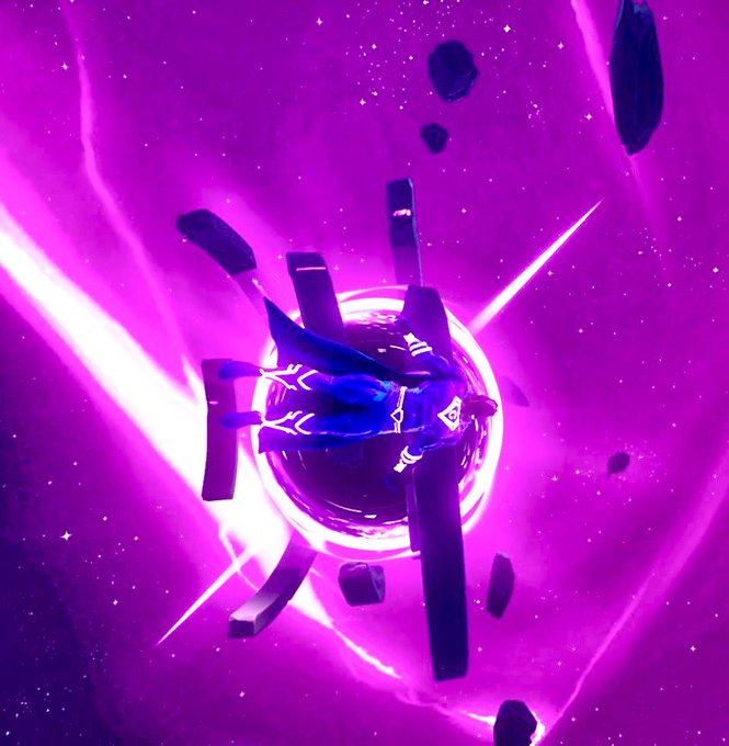 Digital artwork of a hooded figure floating within a glowing purple portal or vortex, surrounded by dark debris against a cosmic starry background.