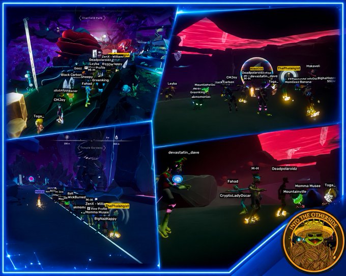 Collage of four screenshots from a multiplayer virtual world/MMO game showing players gathering in various dark, atmospheric environments.