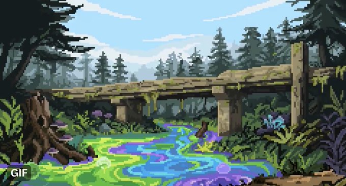 A pixel art GIF showing a mossy wooden bridge over a colorful swamp surrounded by pine trees, with "GIF" labeled in the bottom corner. The vibrant, nature-themed artwork serves as promotional imagery for the "MUTAGEN by pixona" NFT giveaway contest.