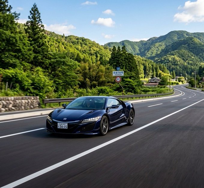 The image features a blue sports car driving down an empty road surrounded by trees, with mountains visible in the background. The car appears to be moving at high speed, creating a sense of motion and excitement. The scene conveys a feeling of adventure and freedom as the driver enjoys their journey on the open road.