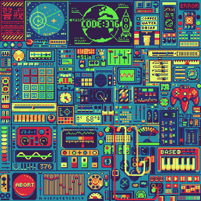 Pixel art control panel featuring various screens, displays, and readouts with text including 'CODE:376', 'WATER', 'RECAP', 'ERROR', 'BASE', 'KEY', 'THX!', and 'ABORT'.