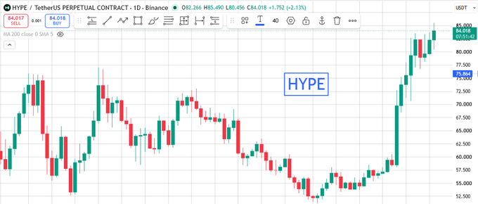A TradingView candlestick chart for HYPE/USDT Perpetual Contract showing a price of $84.018 with a +2.13% gain, marked with a 'HYPE' label box in the center.