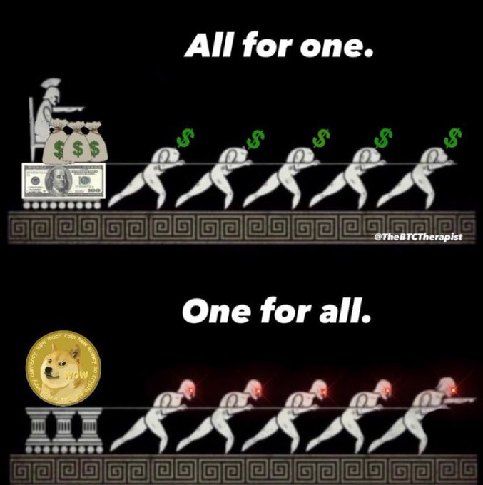 The image features a cartoon depiction of a group of people pulling a wagon full of money, with each person holding up a green dollar bill. The caption below the image reads "All for one. One for all." This phrase is related to Dogecoin, which is often referred to as the "people's currency". The image and caption suggest that the Dogecoin coin serves as a symbol of unity or solidarity among its users.