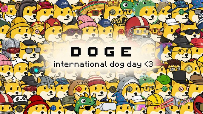 A colorful collage of cartoon Shiba Inu dogs (Doge memes) wearing various costumes and accessories features the text "DOGE international dog day <3" in pixelated font, celebrating the crypto-inspired meme and its cultural impact alongside the phrase "Every dog has his day."