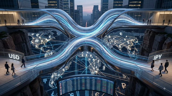 A futuristic scene shows a curved suspension bridge connecting two financial district skyscrapers, with luminous digital world maps and currency symbols (USD, JPY, €) flowing beneath it, symbolizing global market activity. The bold claim of an XRP price drop is paired with imagery of international finance and a "back up your wallet" directive, but the post itself is a deceptive scheme designed to lure users into a scam via a Telegram link.