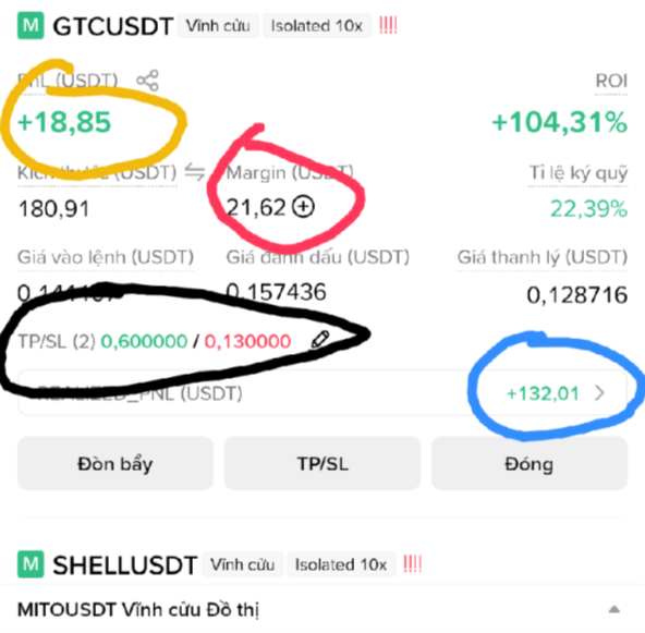 A cryptocurrency trading interface in Vietnamese shows a profit of +104.31% on a trade of GTCUSDT, with handwritten colored annotations marking "+18,81", "Margin 21,62", "TP/SL (2) 0,600000 / 0,130000", and "+132,01".