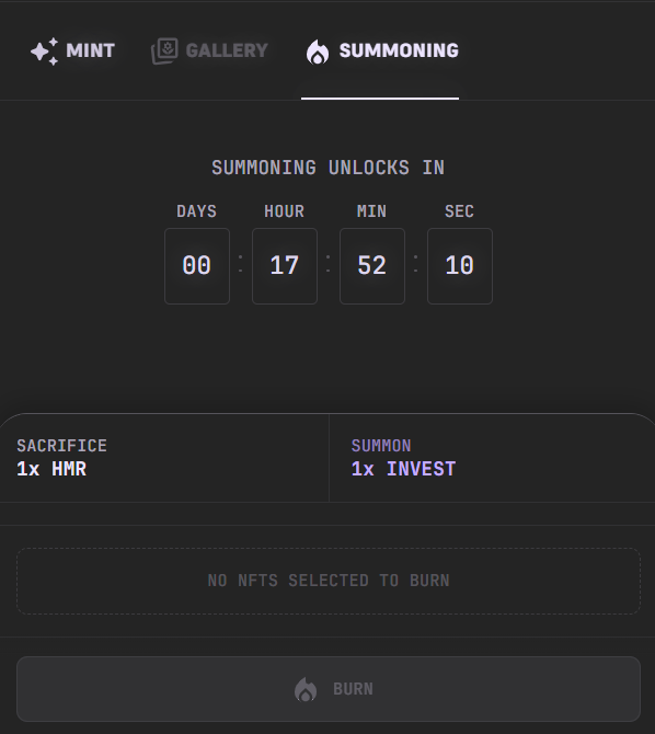 A dark-themed NFT platform interface showing a 'Summoning' tab with a countdown timer (00 days, 17 hours, 52 minutes, 10 seconds) for unlocking, displaying options to 'Sacrifice 1x HMR' and 'Summon 1x INVEST' with a disabled 'Burn' button indicating no NFTs selected.
