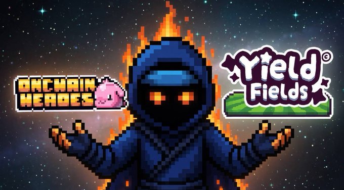 A pixel art graphic featuring a hooded figure with glowing red eyes surrounded by flames, flanked by logos for 'ONCHAIN HEROES' and 'Yield Fields'.