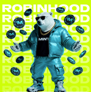 A promotional image featuring an anthropomorphic polar bear mascot wearing a teal puffer jacket and a black shirt labeled 'MINT', surrounded by floating 'M' coins against a bright yellow-green 'ROBINHOOD' patterned background.