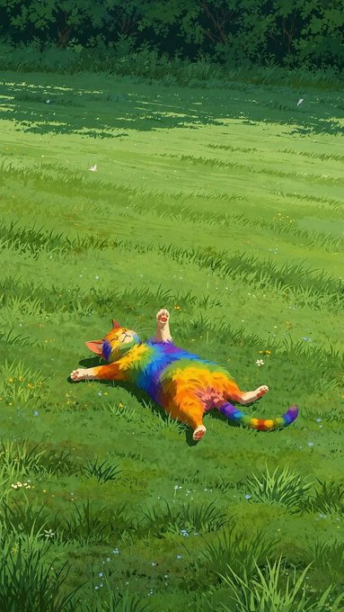 An anime-style illustration of a cat rolling joyfully on its back in a green grassy field, featuring fur dyed in vibrant rainbow colors.