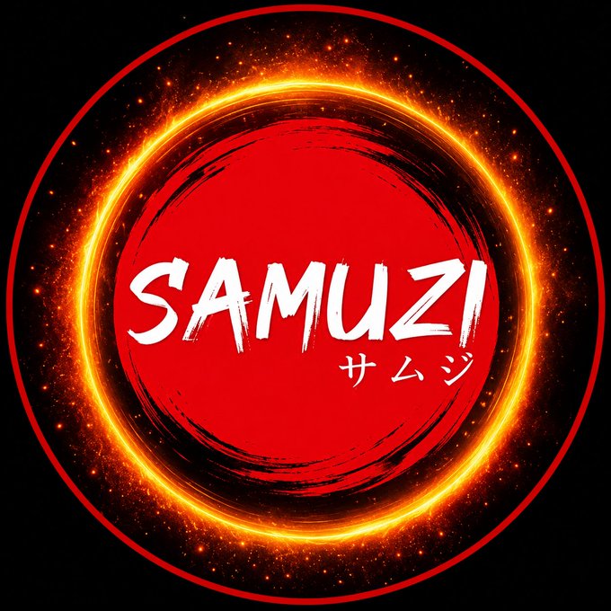 A circular logo featuring the word "SAMUZI" in bold white brush-stroke lettering above Japanese katakana "サムジ," set against a red brush-stroke circle surrounded by a glowing golden-orange fiery ring on a black background.