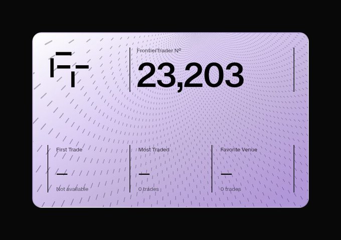 A digital card displaying "FrontierTrader N° 23,203" with placeholder dashes for "First Trade," "Most Traded," and "Favorite Venue."