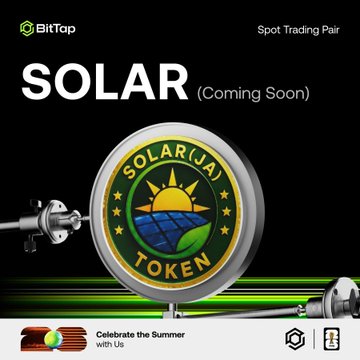 A BitTap promotional graphic for 'SOLAR (Coming Soon)' spot trading pair, featuring a gold 'SOLARJA TOKEN' medallion with a solar panel and leaf design.