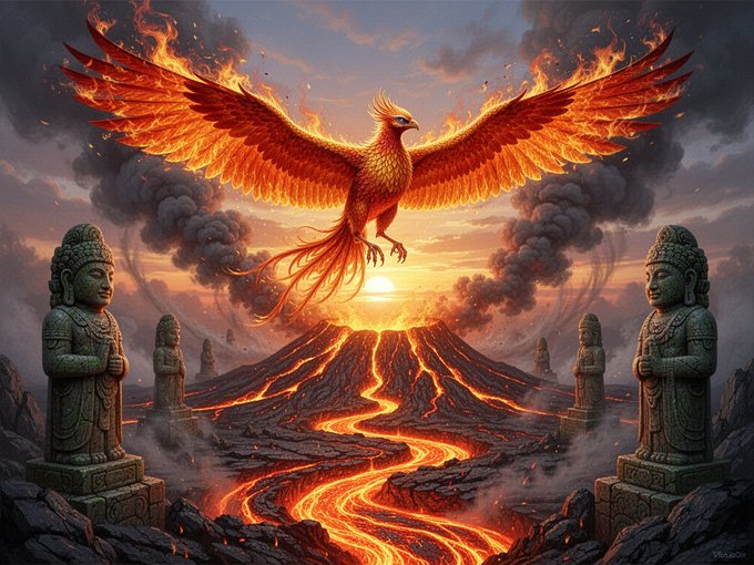 The image features a painting of a red bird with an orange beak, flying over a lava field. The background includes a sunset, which adds to the overall fiery theme of the artwork. The painting also includes several stone statues scattered throughout the scene. The artist's signature is visible in the bottom right corner of the image.