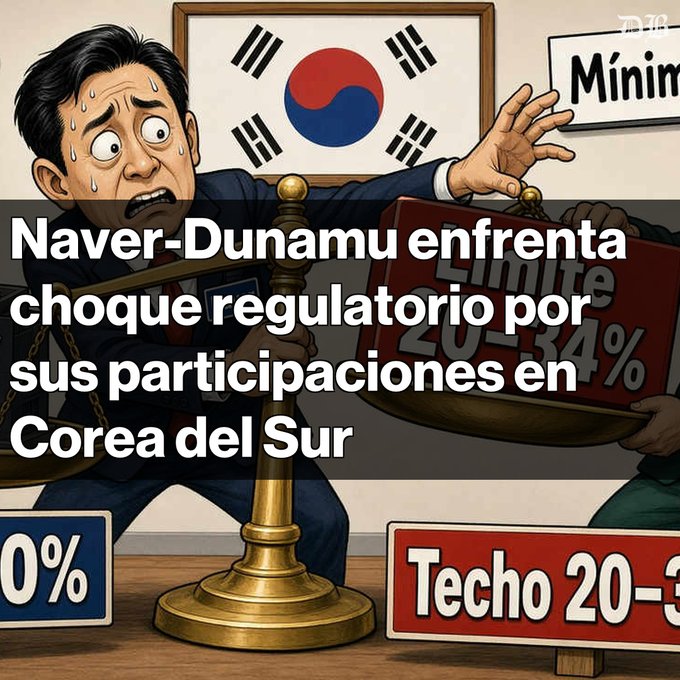 An illustrated image with Spanish text 'Naver-Dunamu enfrenta choque regulatorio por sus participaciones en Corea del Sur,' showing a sweating man holding a scale next to a South Korean flag with signs reading 'Techo 20-34%' and 'Límite'.