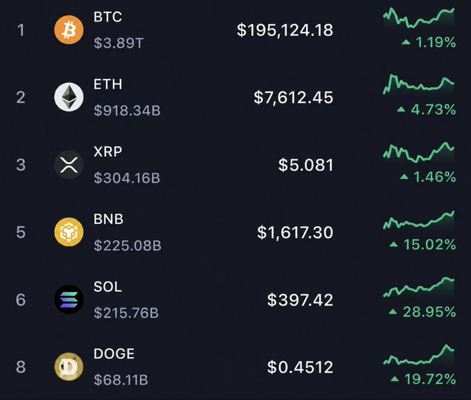 The image shows a cryptocurrency market tracker displaying top coins with their prices, market caps, and 24-hour gains: BTC at $195,124.18 (+1.19%), ETH at $7,612.45 (+4.73%), XRP at $5.081 (+1.46%), BNB at $1,617.30 (+15.02%), SOL at $397.42 (+28.95%), and DOGE at $0.4512 (+19.72%). The image illustrates the post's message by showing strong green gains across major cryptocurrencies, supporting the claim that remaining in the market despite bearish sentiment can lead to significant upside.
