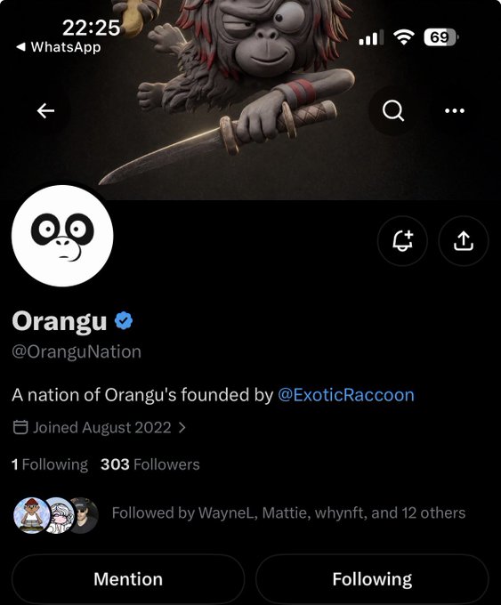 A screenshot of a Twitter profile for 'Orangu' (@OranguNation) with a cartoon monkey avatar and the bio 'A nation of Orangu's founded by @ExoticRaccoon'.
